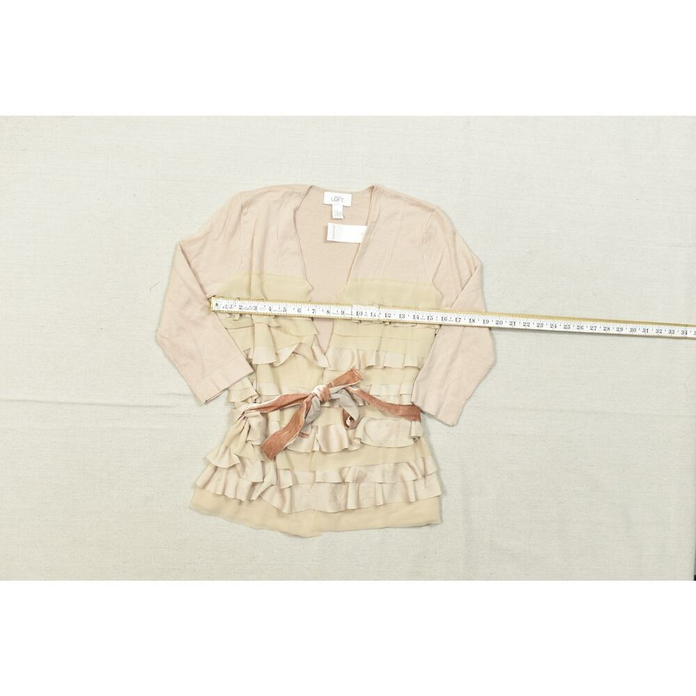Ann Taylor LOFT Ruffle Trim Wrap Cardigan Sweater NWT Tan Pink Size S Cotton Ble - Picture 8 of 8
